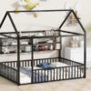 Full Size Bed House Frame With Fence And Shelves - Black - Image 11
