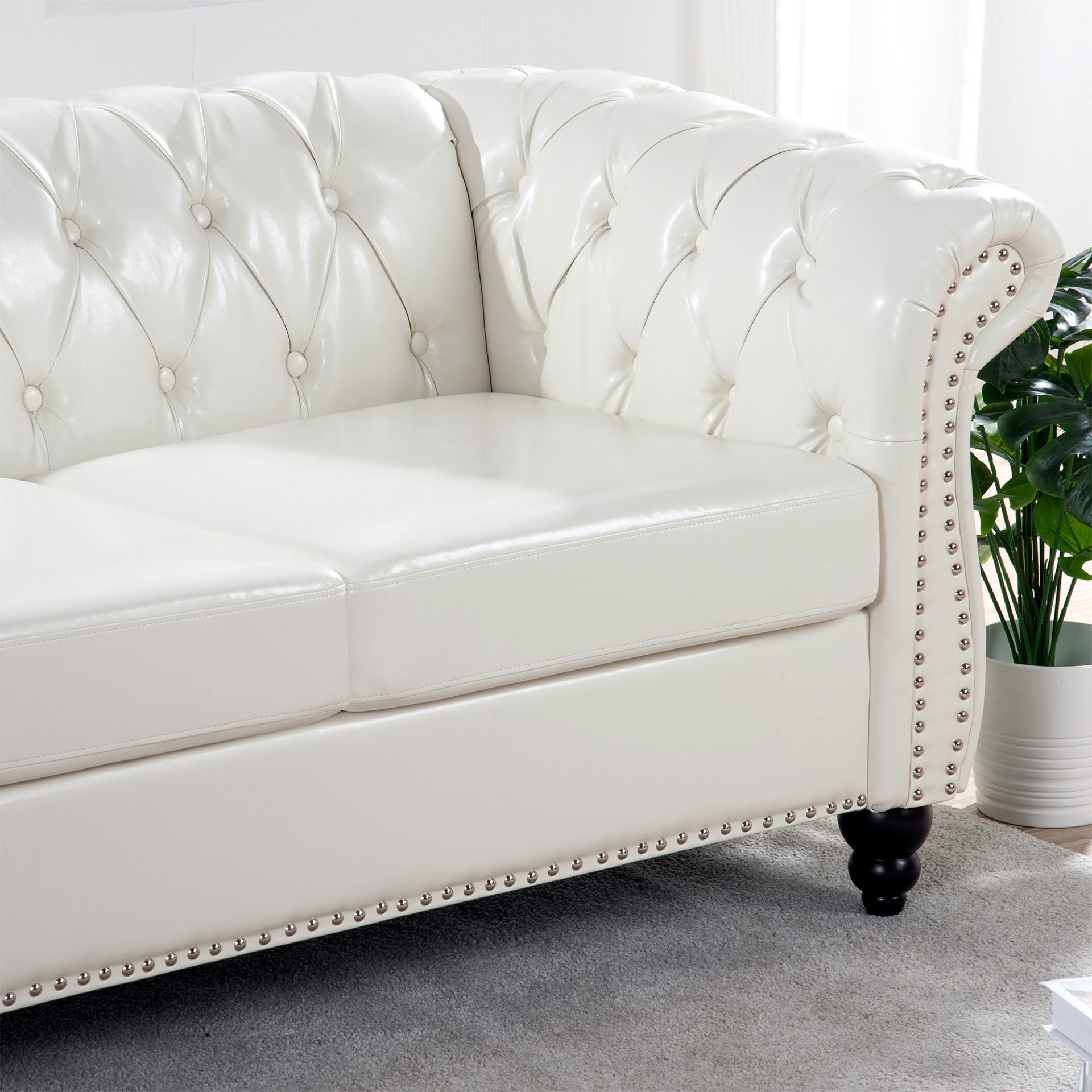 84.65" Rolled Arm Chesterfield 3 Seater Sofa - White - Image 14