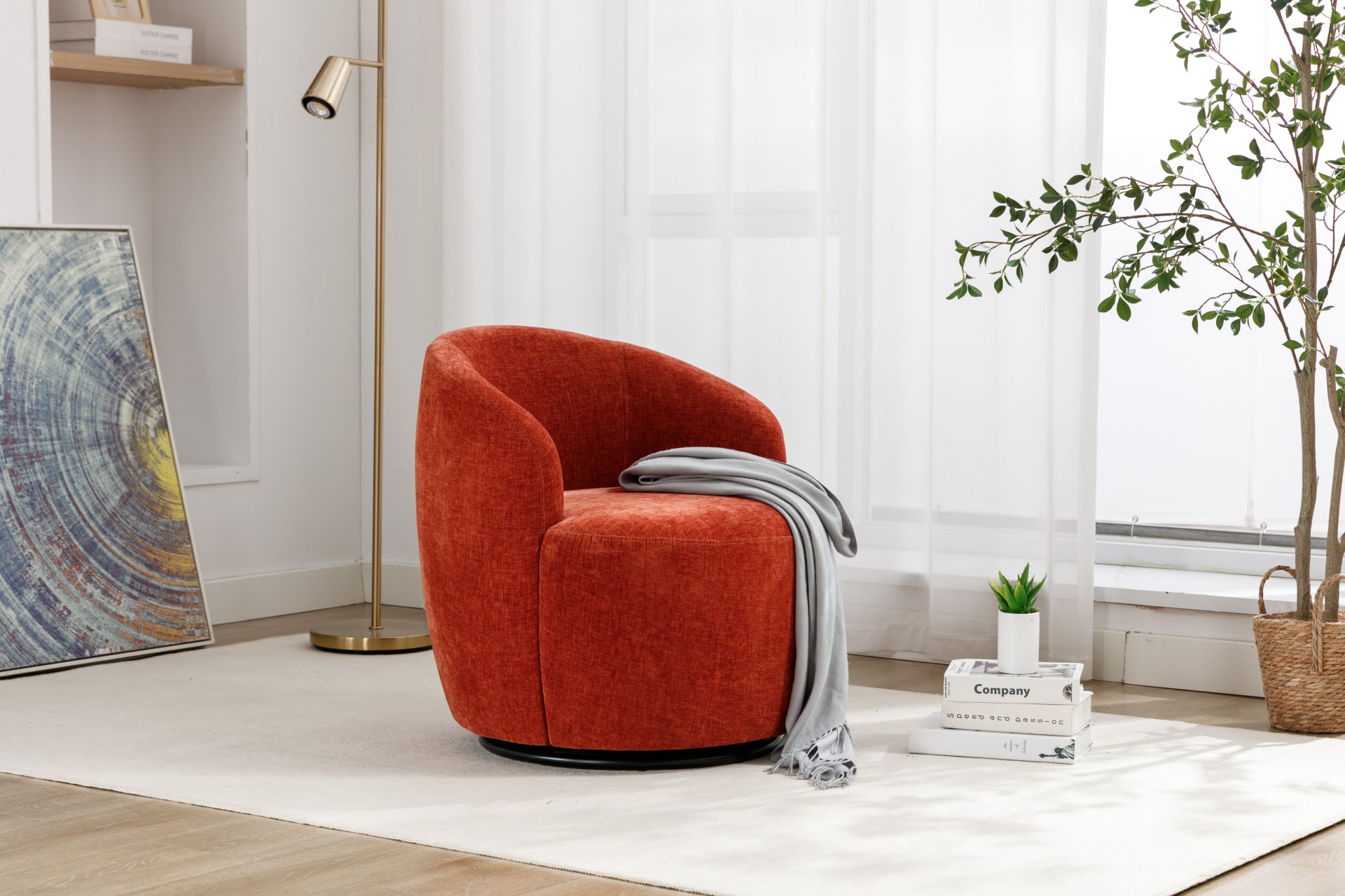 Chenille Fabric Swivel Accent Armchair Barrel Chair With Black Powder Coating Metal Ring - Orange - Image 6