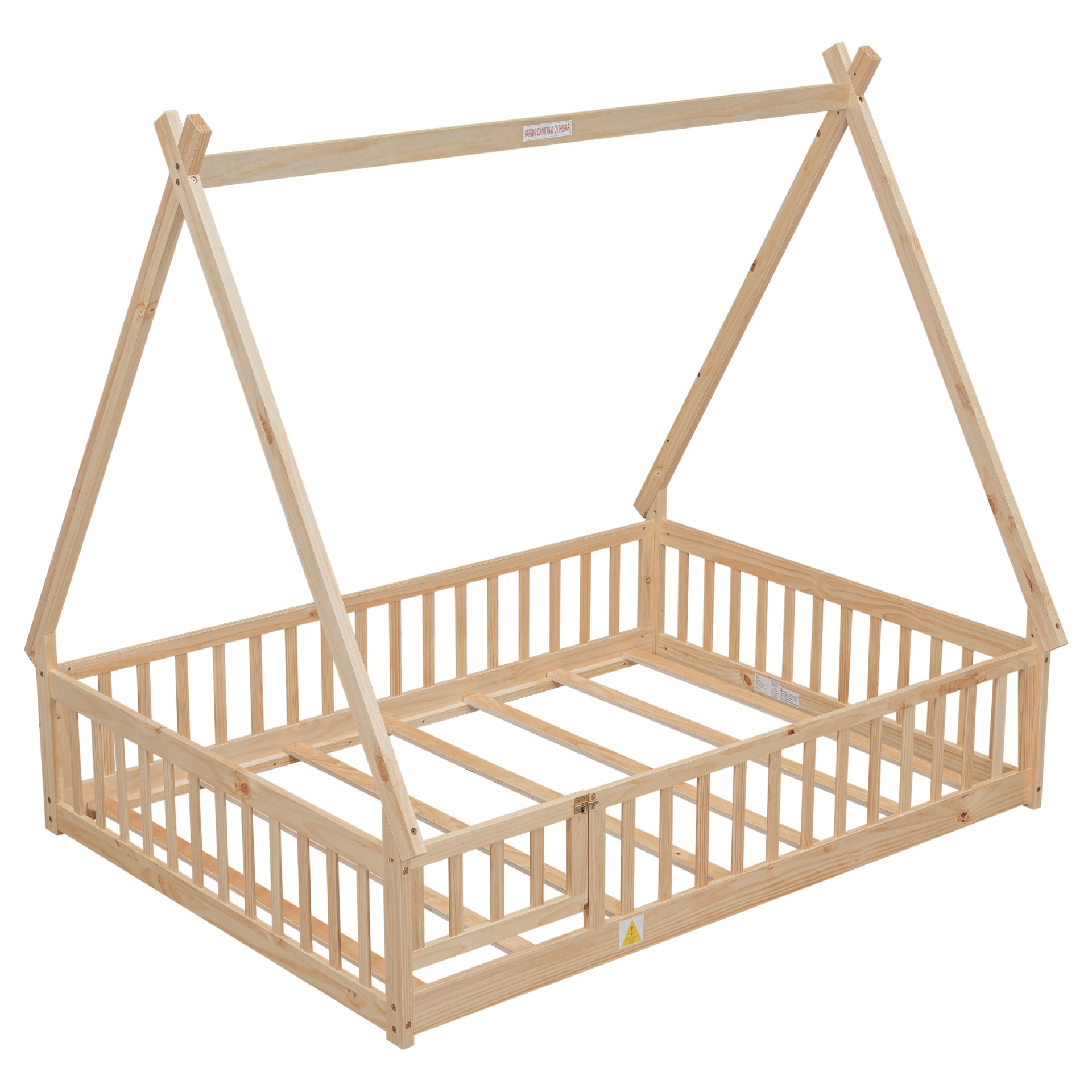 Full Tent-Shaped Floor Bed, With Guardrails, Slats, Door - Natural - Image 8