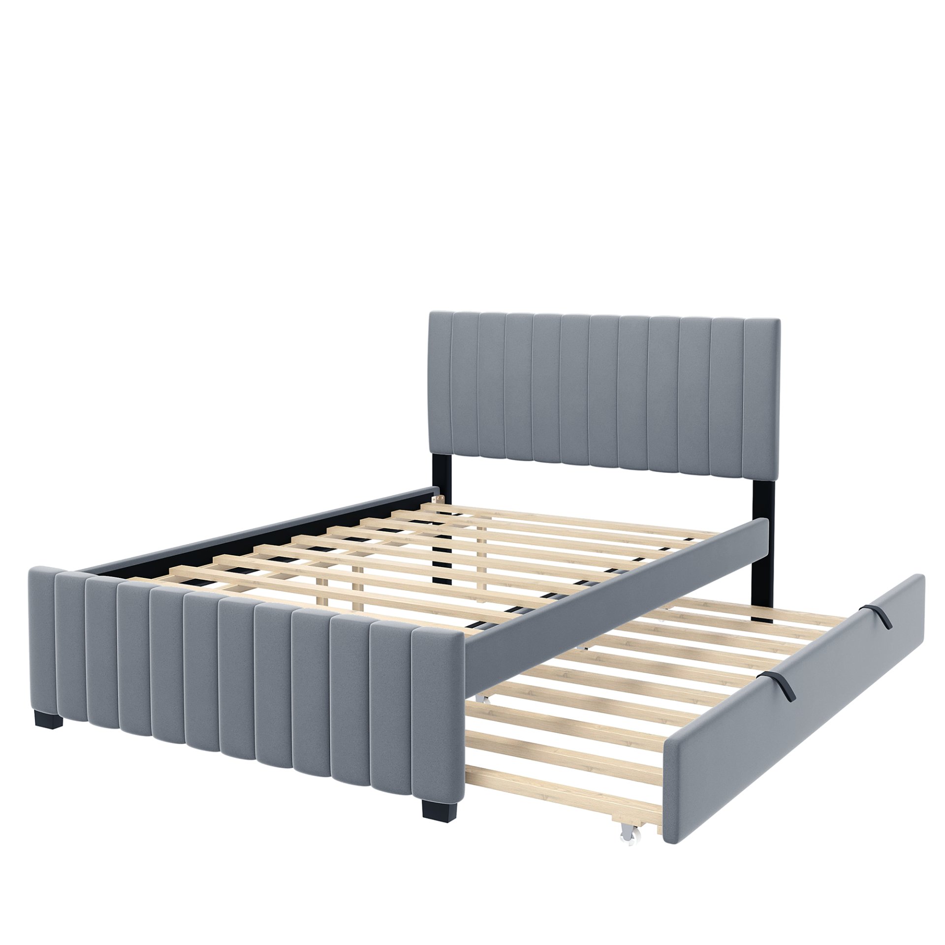 Full Size, Upholstered Platform Bed With Twin Size Trundle, Elegant Design - Gray - Image 7