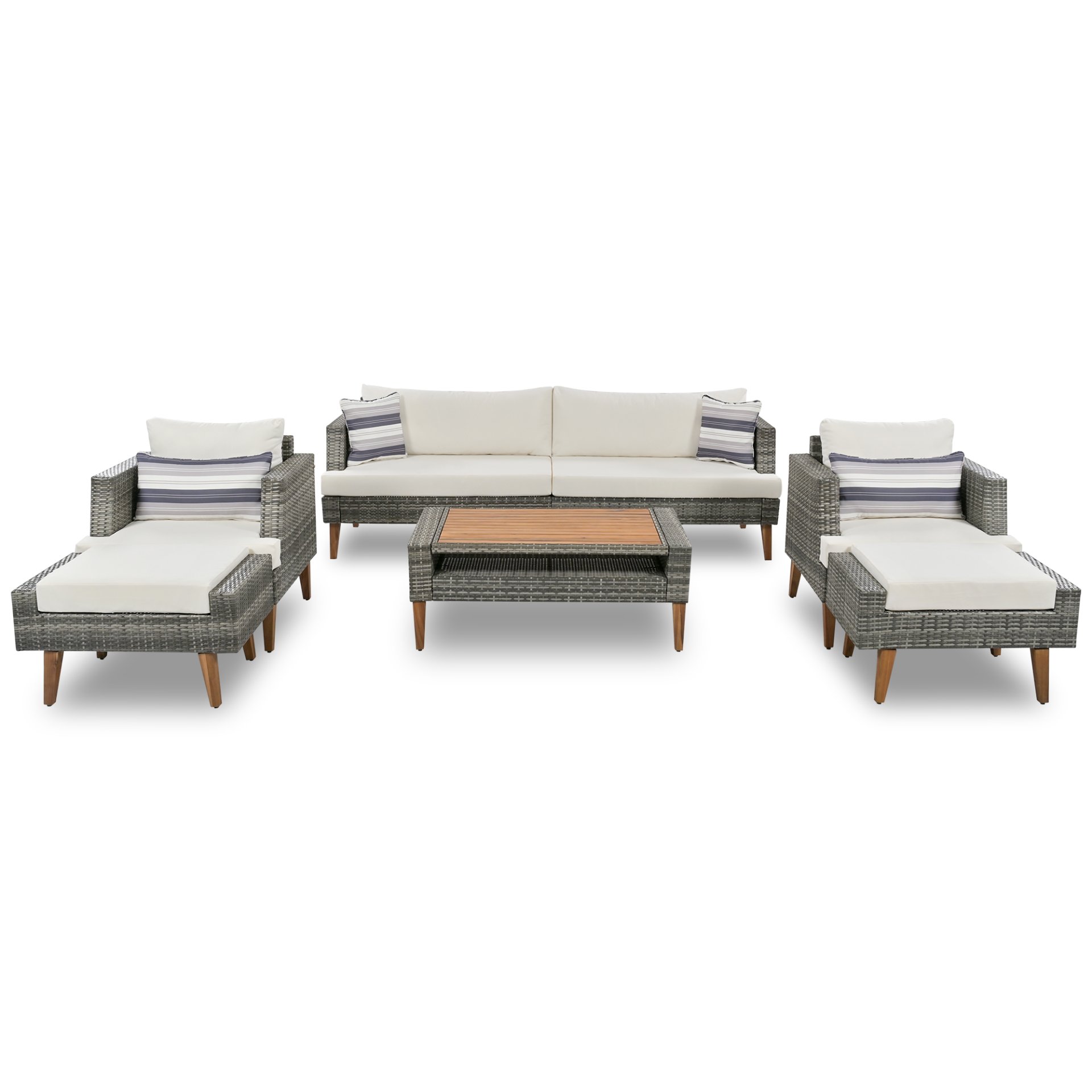 6 Pieces All Weather Sofa Set, Outdoor Rattan Sofa With Double Cushions, Wood Legs Wood Table Top - Beige / Gray - Image 10