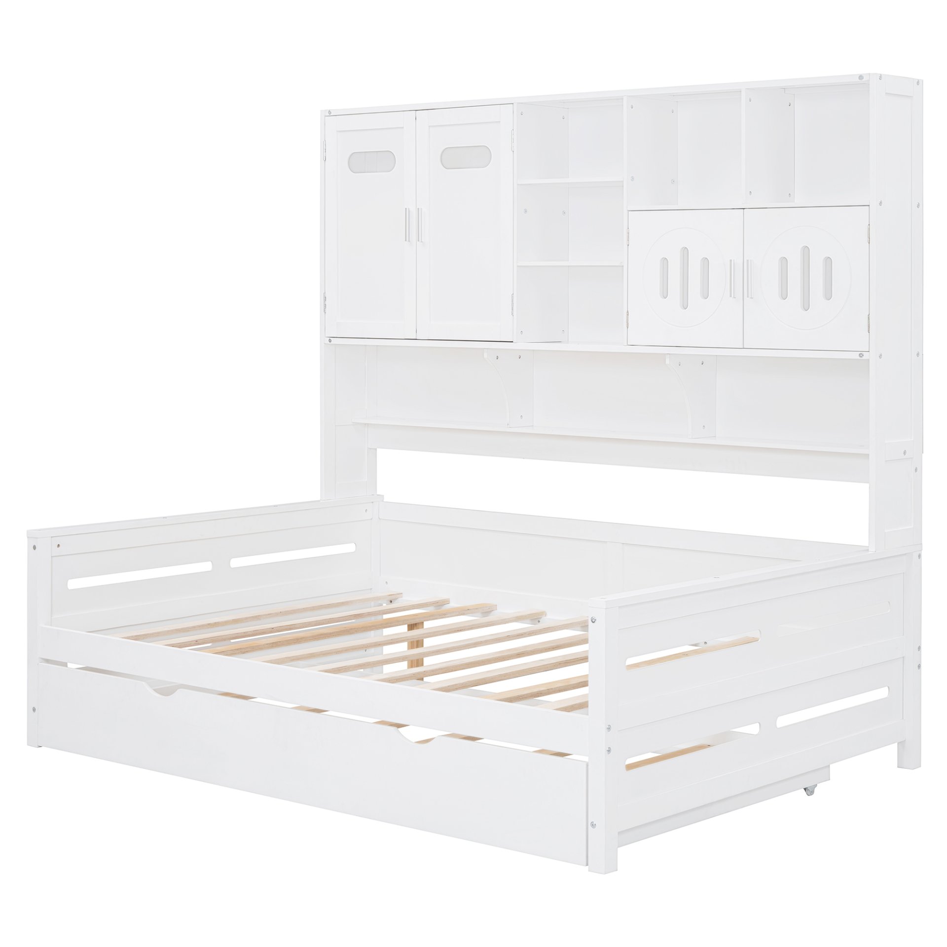 Full Size Wooden Daybed With Twin Size Trundle, And All In One Cabinet And Shelf - White - Image 8