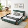 Modern Queen Size Upholstered Bed With Storage Drawer - Blue / Green - Image 3