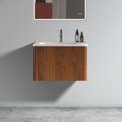 Etna - Striped Bathroom Vanity With Ceramic Sink, Wall Mounted Floating Bathroom Vanity For Modern Bathroom - White / Walnut