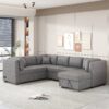 U-Shaped Sectional Sofa Pull Out Sofa Bed With Two USB Ports, Two Power Sockets, Three Back Pillows And A Storage Chaise For Living Room - Light Gray - Image 7