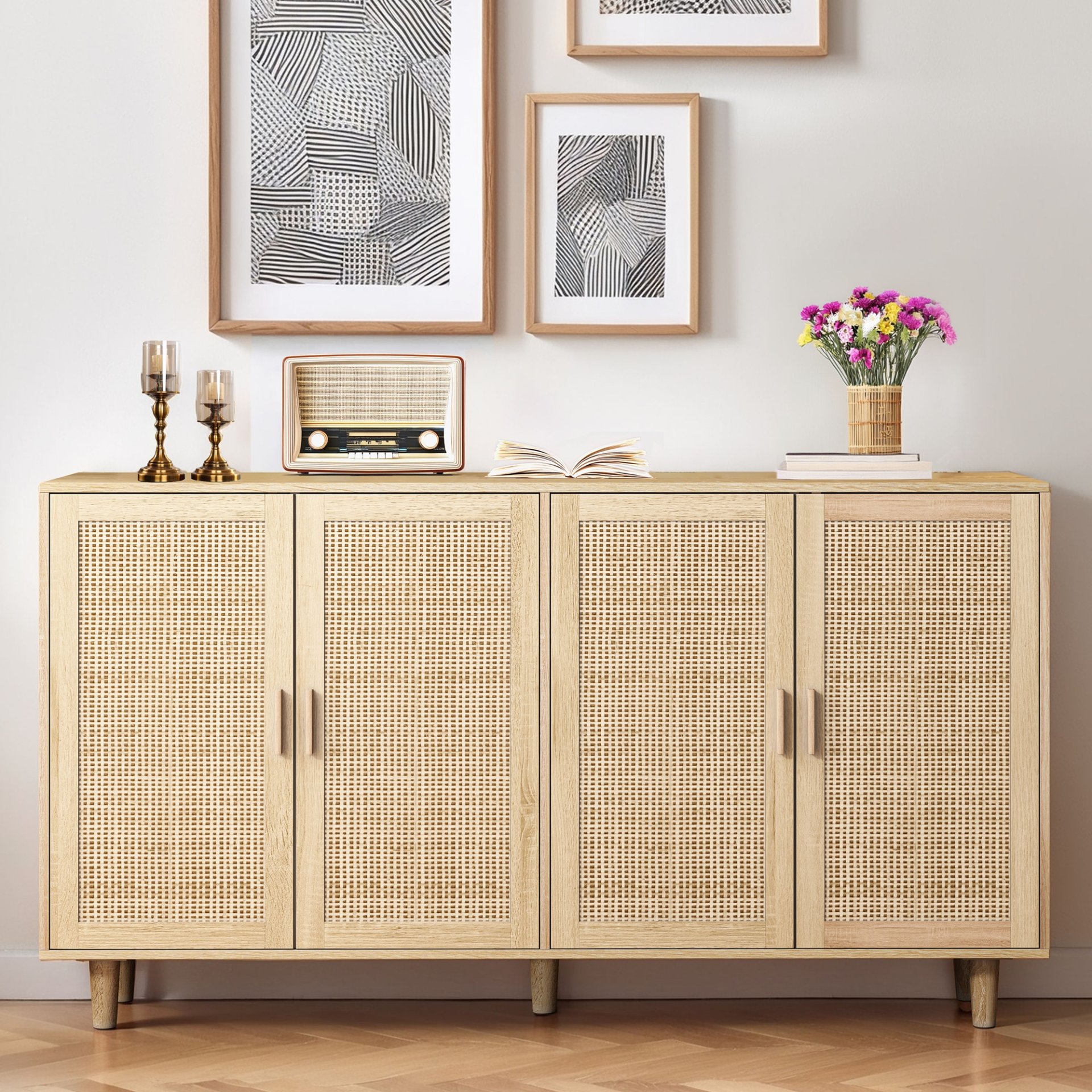 Elegant And Functional 4 Door Rattan Decorative Storage Cabinet For Bedroom, Living Room, Office - Natural - Image 2