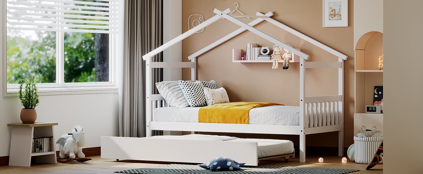 Twin Size House Bed With Twin Size Trundle - White - Image 14