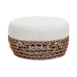 Willow - Round Upholstered Woven Patio Ottoman, Wicker Frame - Wheat Beige / Golden Brown