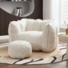 Soft Chenille Bean Bag Chair With High Resilient Foam For Living Room And Bedroom Comfortable Square Lazy Sofa With Footstool - Beige - Image 14