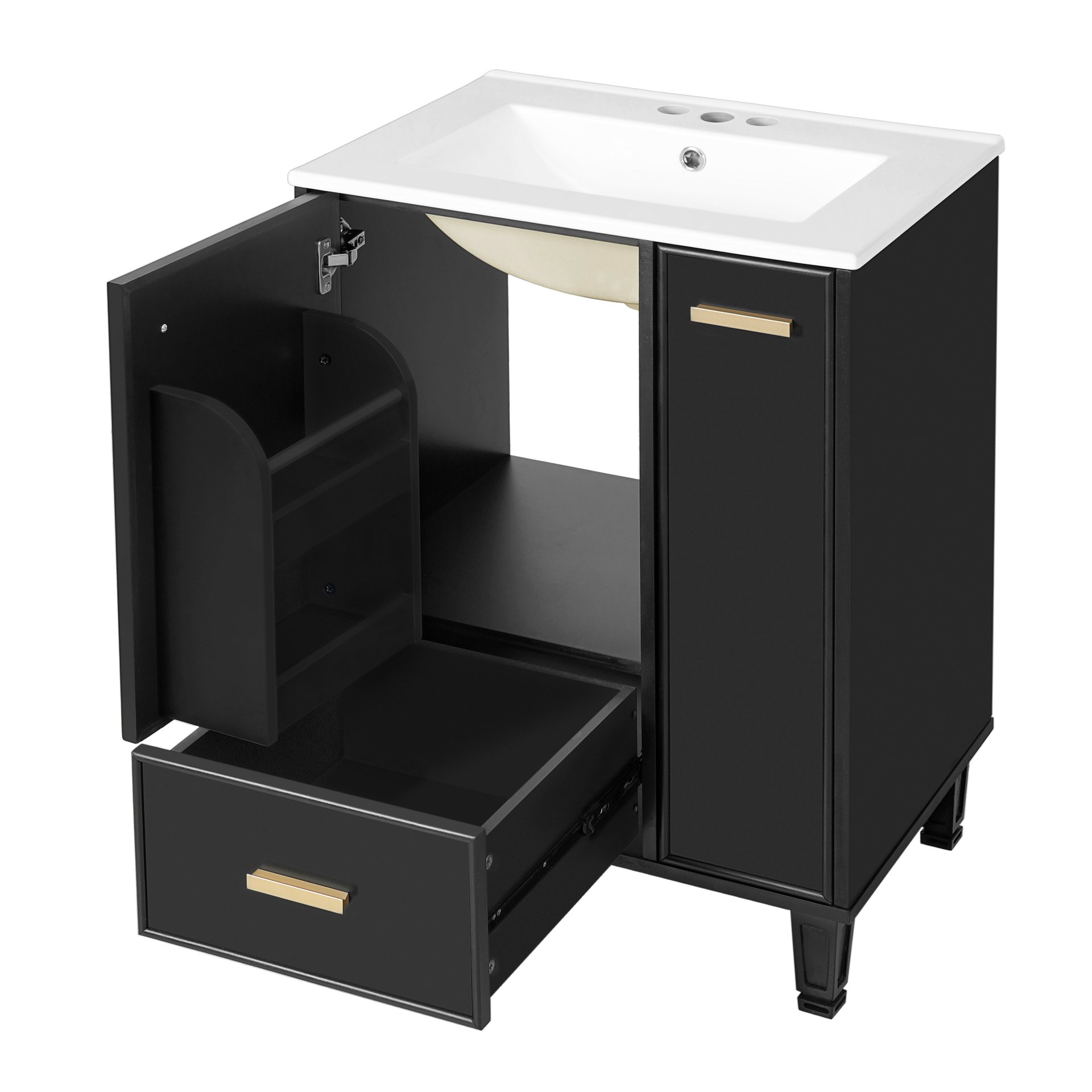 Modern Solid Wood And 24" Bathroom Vanity With Sink, Deep Drawer, Door Shelf, 2 Tier Basket - Black - Image 13