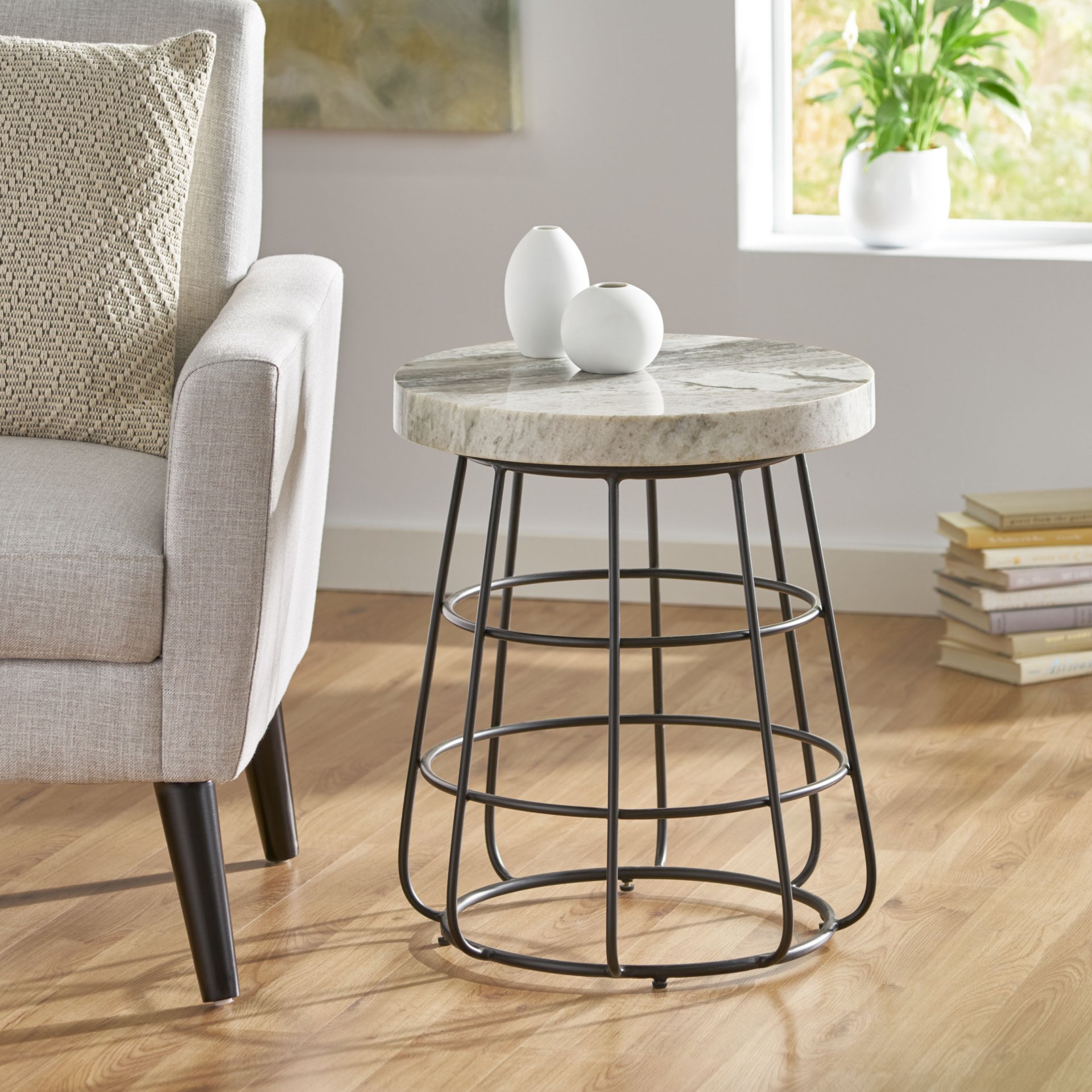 Side Table With Marble Top And Iron Base - Black / White - Image 9