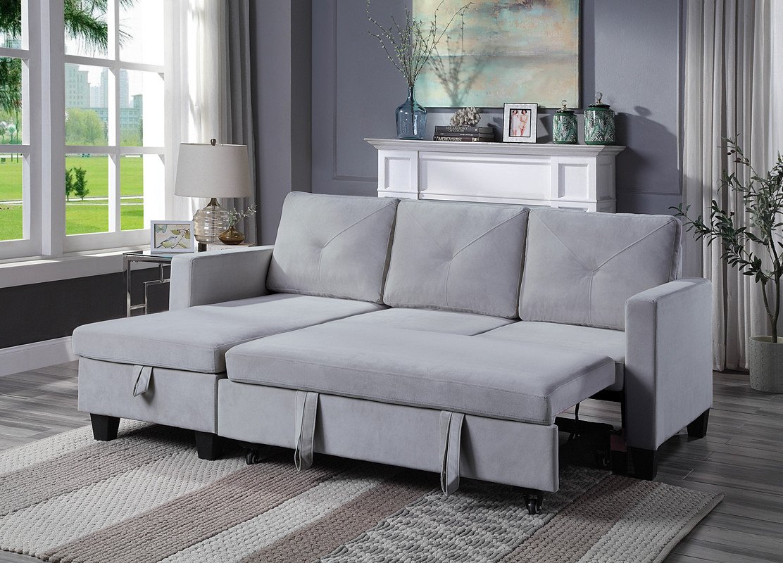 Nova - Velvet Reversible Sleeper Sectional Sofa With Storage Chaise - Light Gray - Image 3