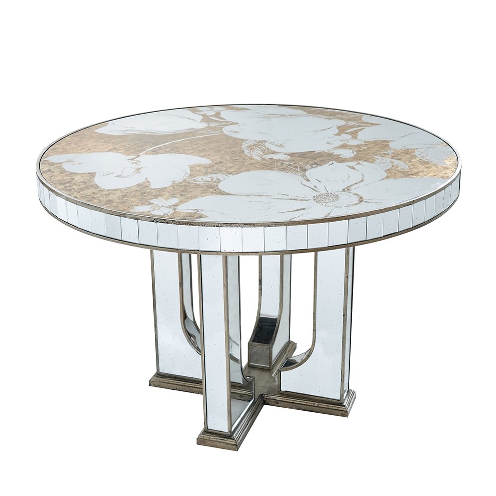 Round Dining Table With Elegant Floral Design And Mirrored - Silver Multi - Image 2