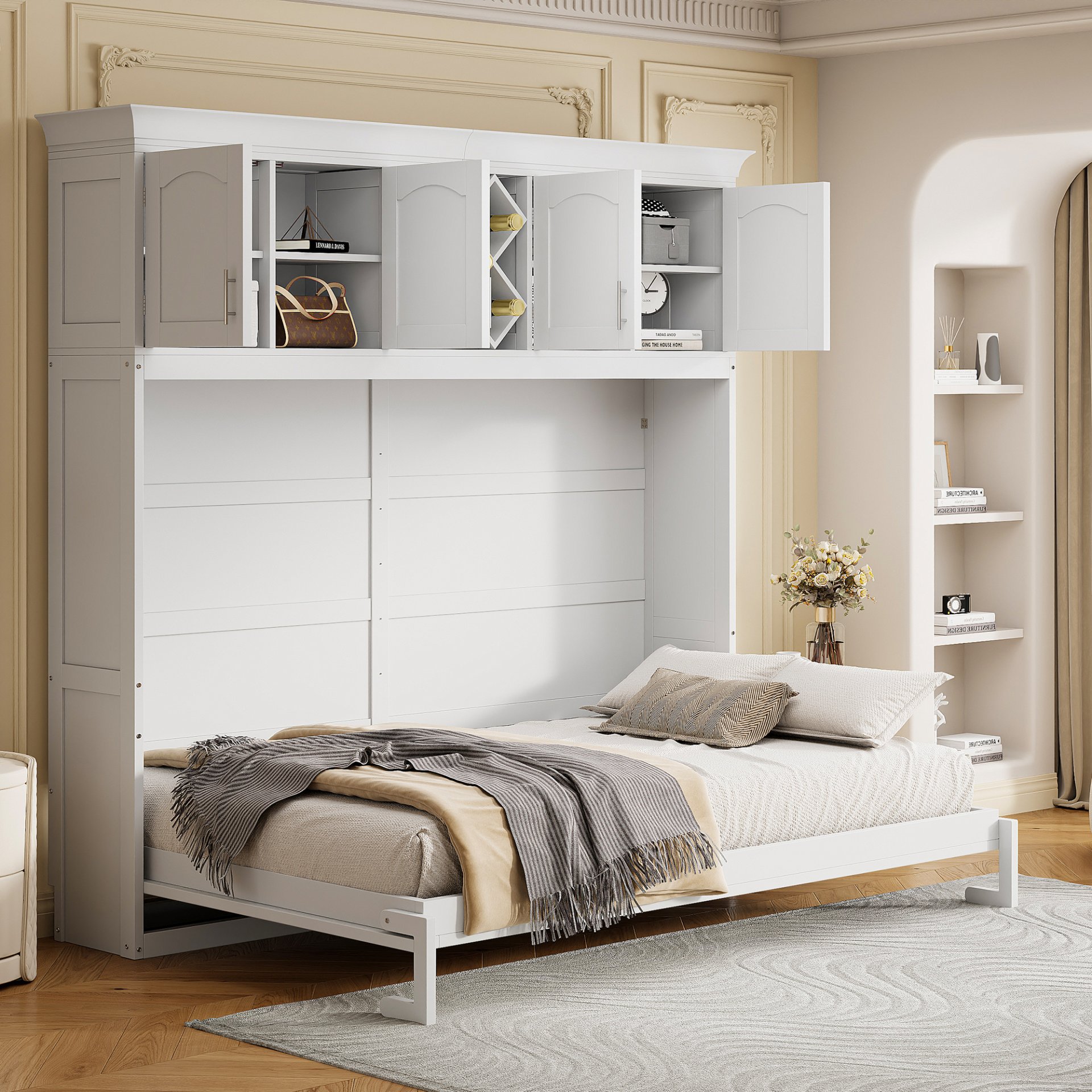 Queen Size Murphy Wall Bed With Top Cabinets & Wine Rack - White - Image 3