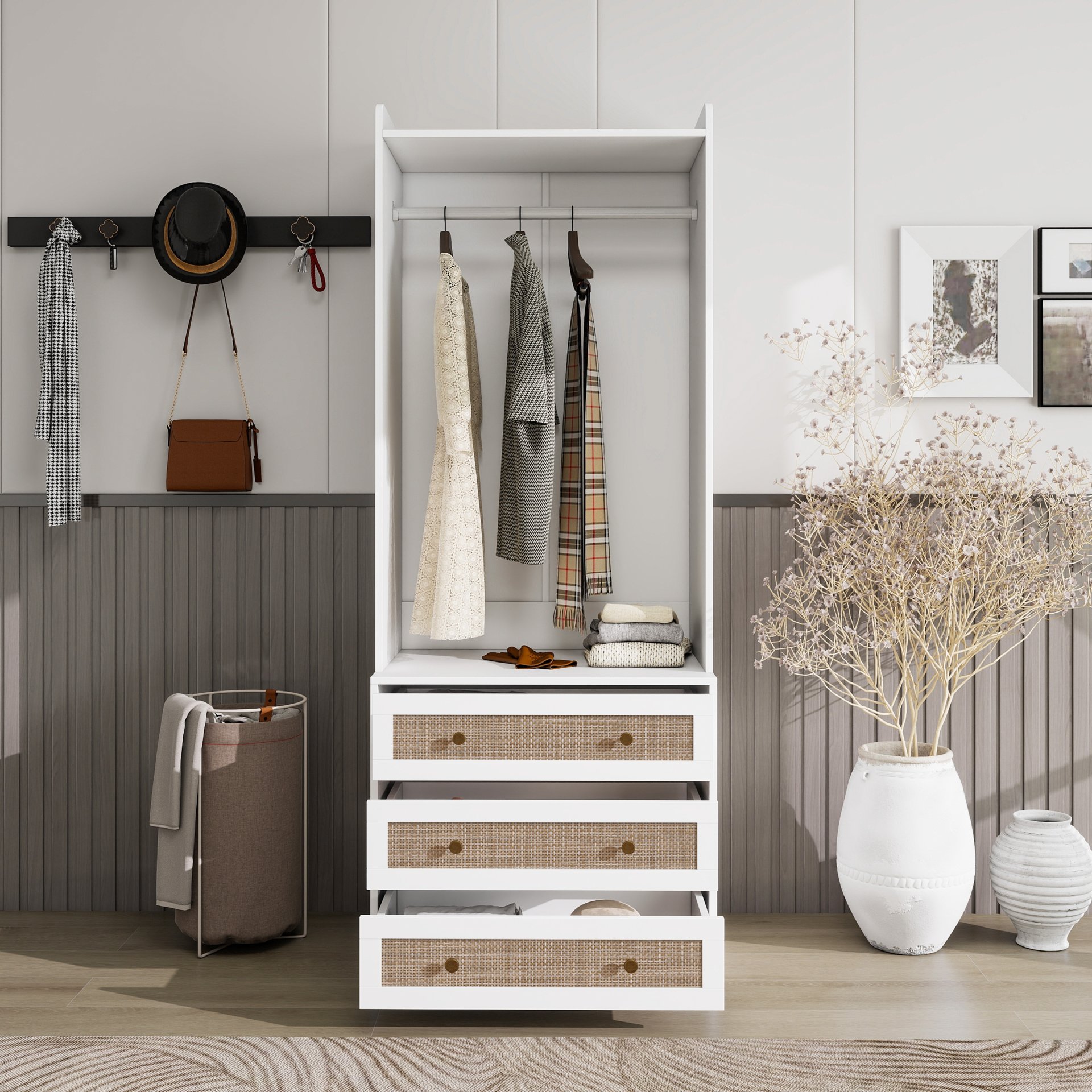 Wardrobe With 3 Drawers High Wardrobe Armoire With Rattan For Living Room Organizer - White - Image 5