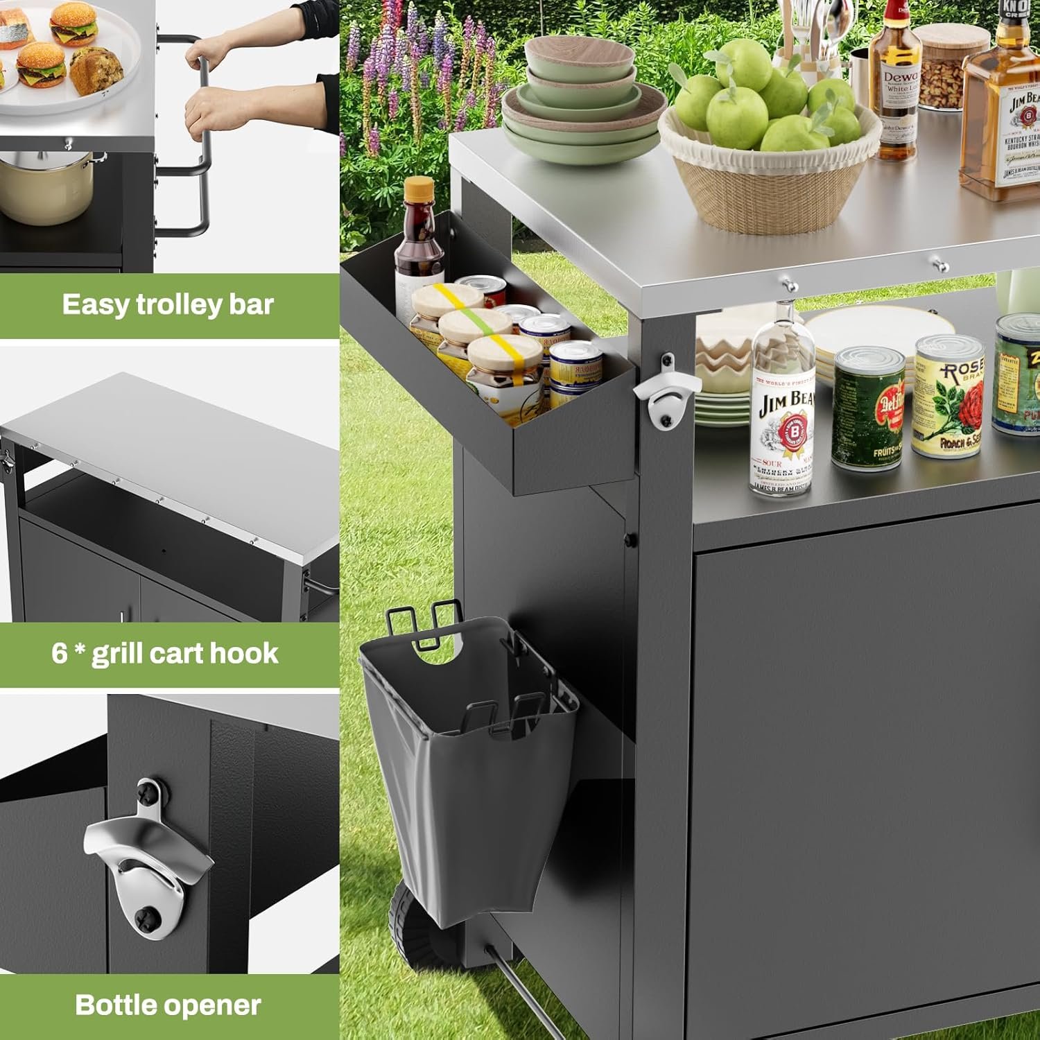 Outdoor Grill Cart With 2 Doors And Patio Furniture Stainless Steel Tabletop - Black / Silver - Image 9