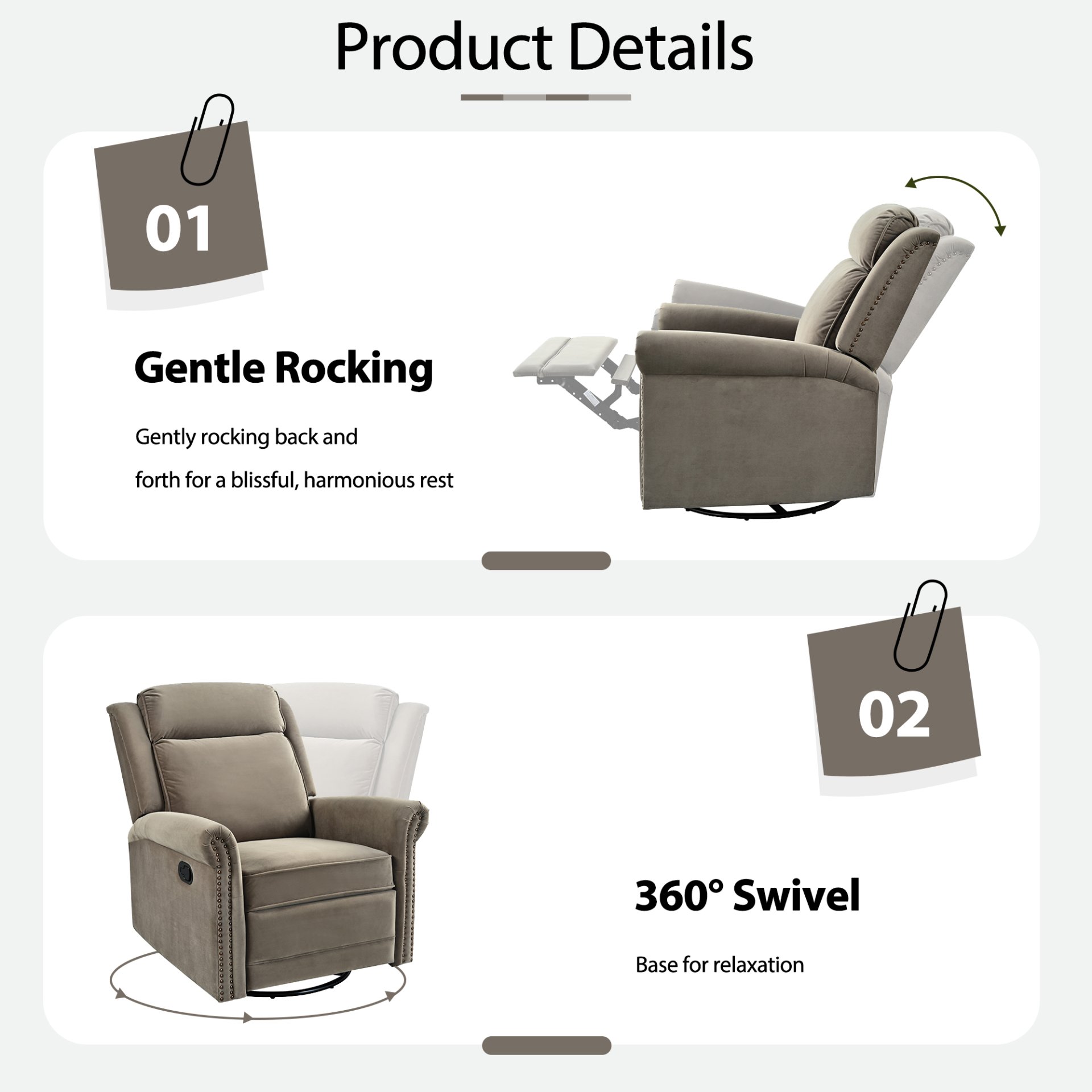 360 Degrees Swivel Recliner Manual Rocking With Adjustable Backrest For Living Room - Light Brown - Image 6