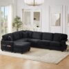 Upholstered U Shaped Sectional Sofa With Movable Ottoman And Side Storage Pockets - Black - Image 9