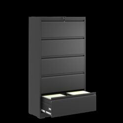 Modern 5 Drawer Steel Lateral File Cabinet With Lock For Legal / Letter / A4 / F4 Files - Gunmetal Black