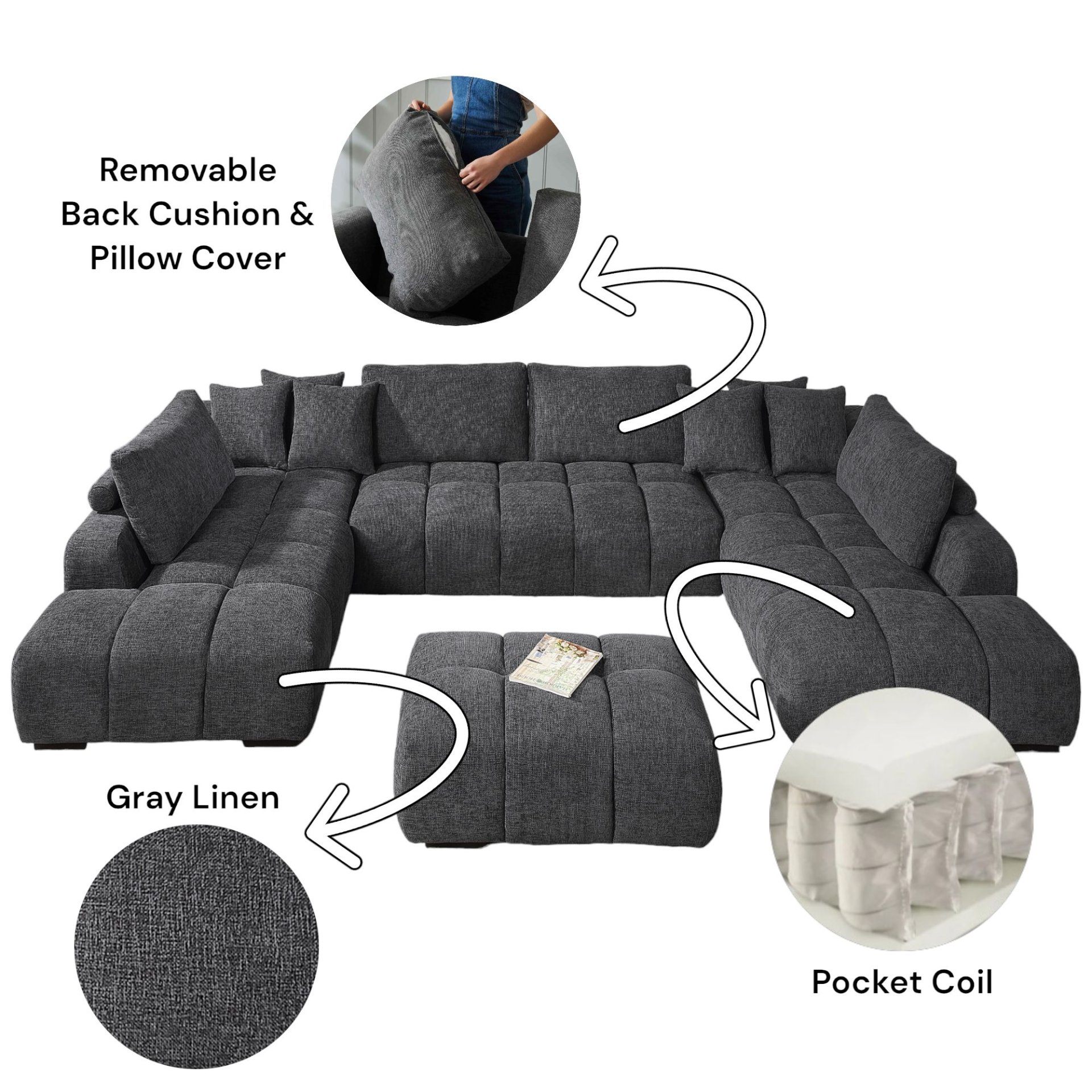 Chosen - Sectional Sofa With Toss Pillows With 2 Chaises With Ottoman - Gray - Image 3