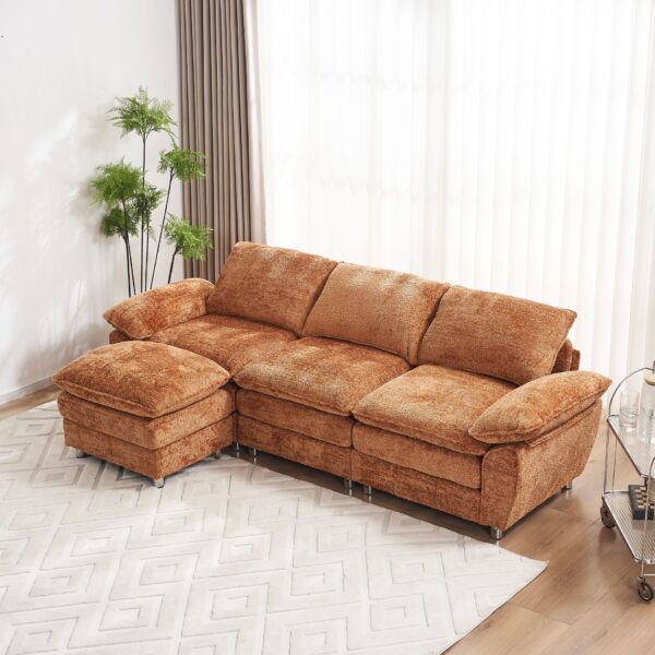 Modern Deep 3 Seat Sofa Couch With Ottoman, Polyester Sofa Sleeper Comfy Upholstered Furniture For Living Room - Orange