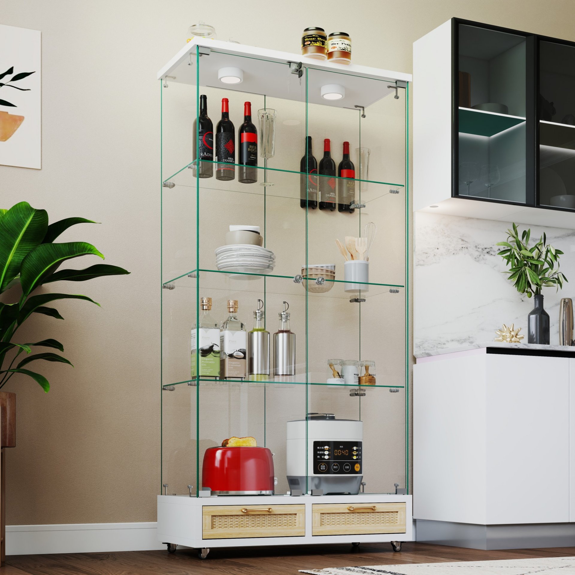 Glass Display Cabinet With LED Lights, Tempered Glass Doors, Large Drawers, 2 Door Storage Case With 4 Shelves - Natural / White - Image 7