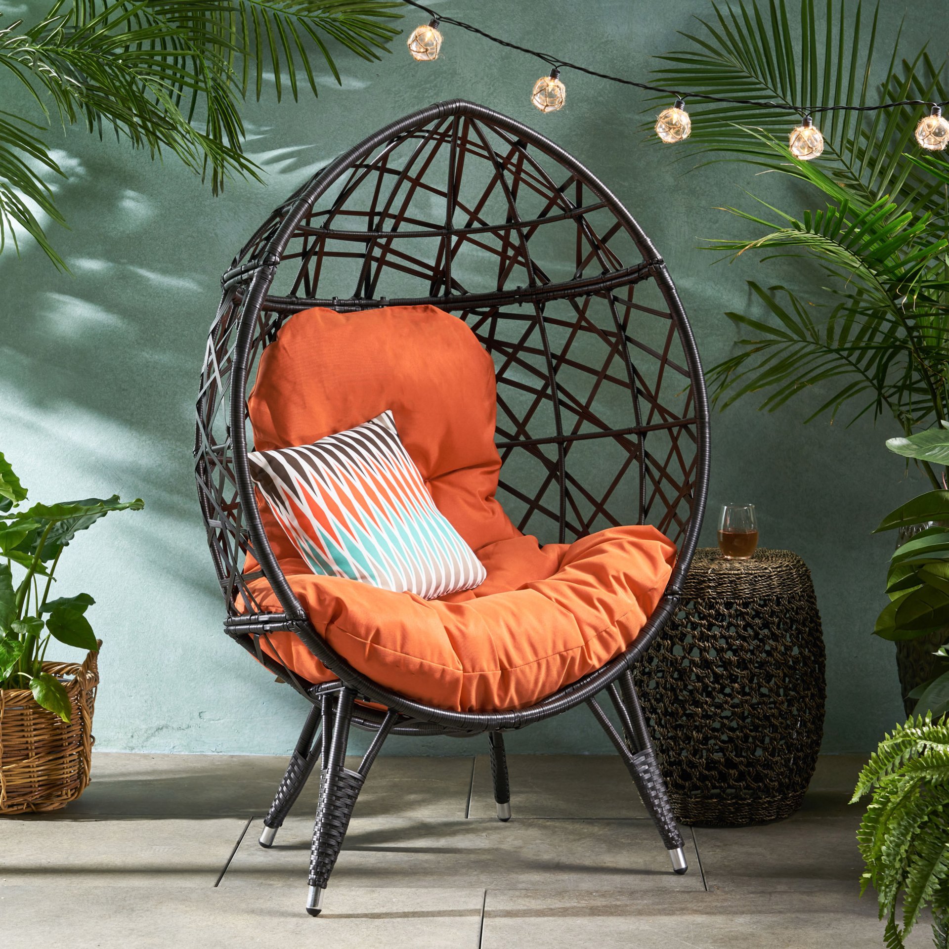 Outdoor Wicker Teardrop Chair With Cushion - Orange / Brown - Image 4