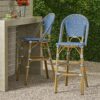 Outdoor Rattan French Barstool Set,, Bamboo, Seat Height - Teal Blue / White - Image 4