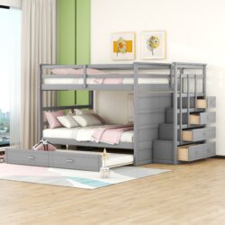 Full Over Full Bunk Bed With Twin Size Trundle And Staircase - Gray