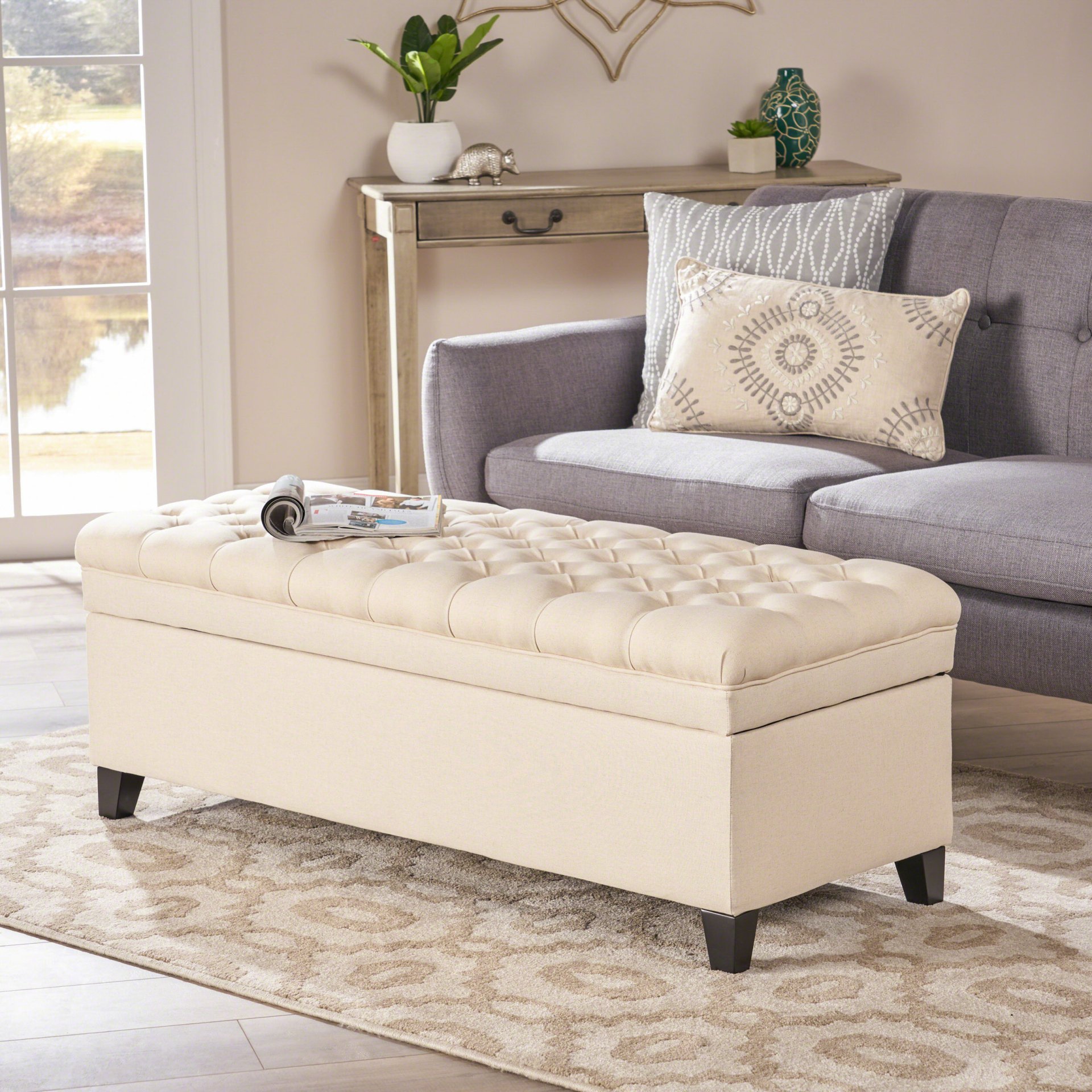 Juliana - Contemporary Storage Ottoman With Button Tufted Diamond Stitching - Beige - Image 2