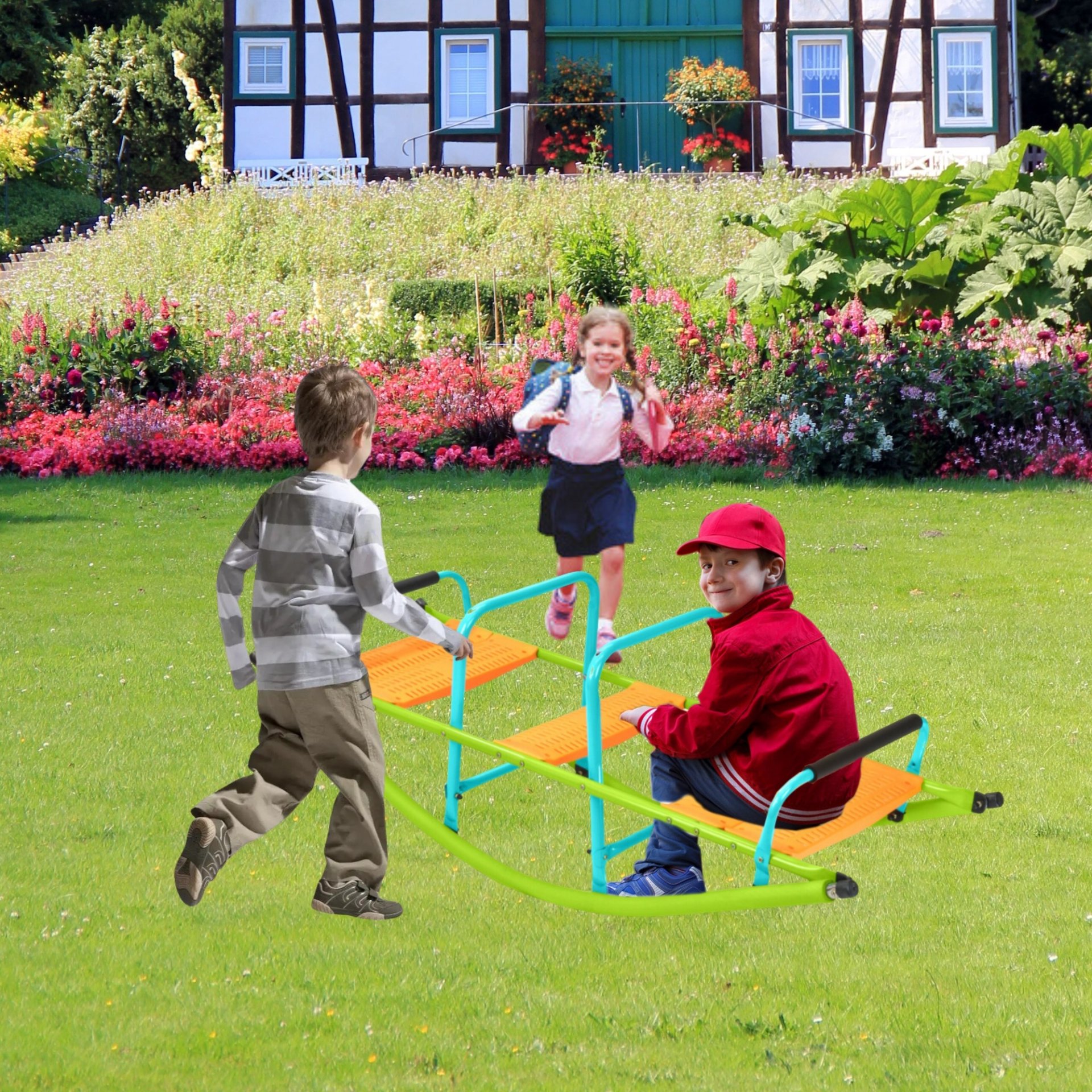 Xss008 High Quality Kids Seesaw Plastic Seat Playground Equipment Cute Baby Plastic Rocker Outdoor Children Steel Tube For Kids Age 3+ - Green / Blue - Image 2