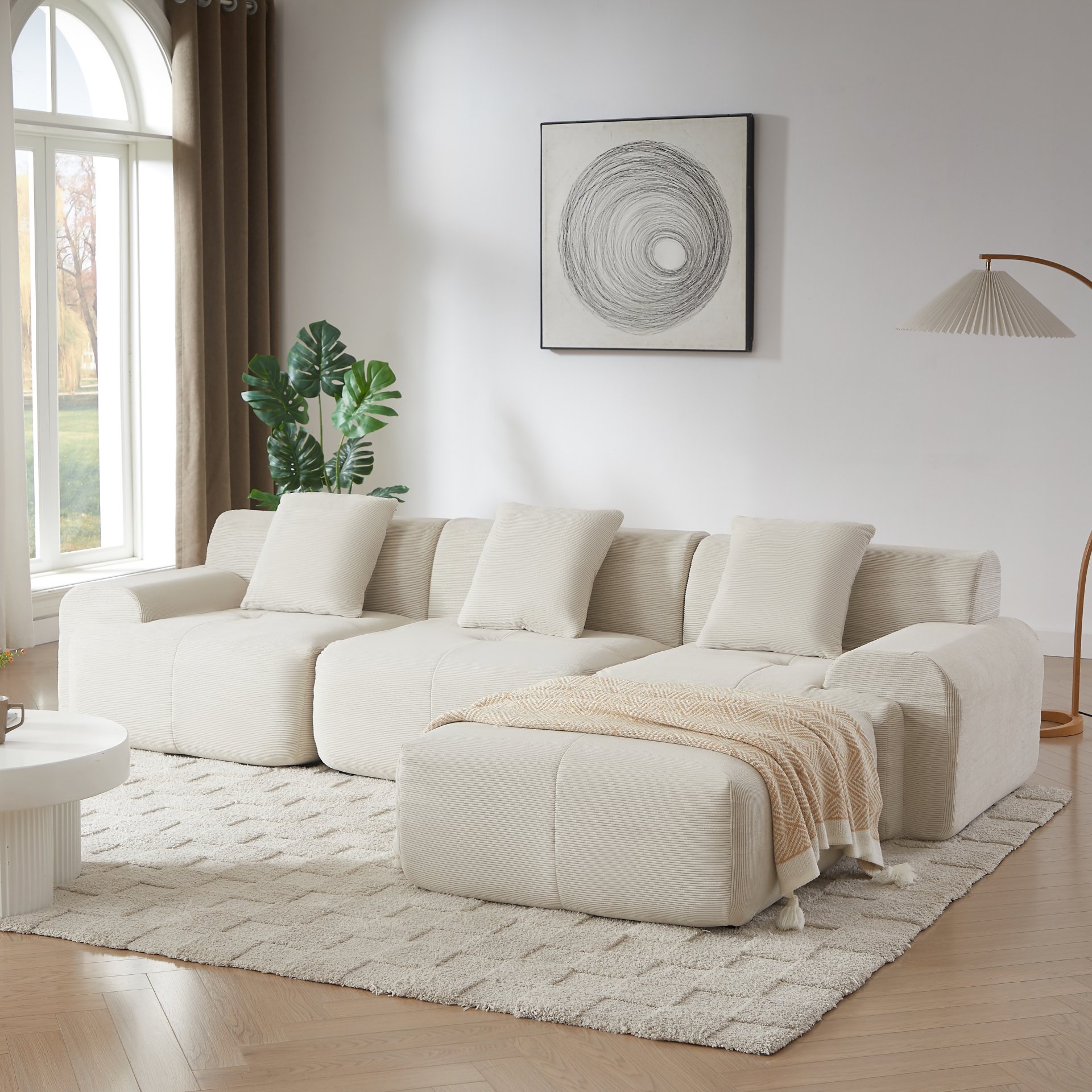 L Shaped Modular Sectional Sofa, Oversized 3 Seater With Deep Seat And Movable Ottoman - Beige - Image 2