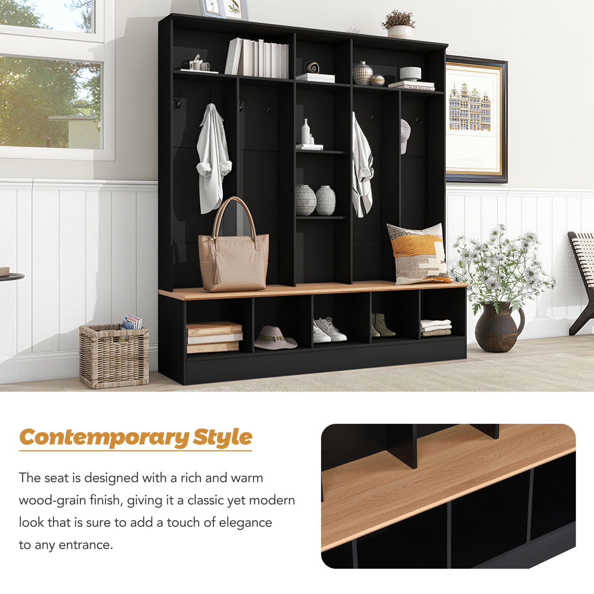 Wide Design Hall Tree With Storage Bench, Minimalist Shoe Cabinet With Cube Storage & Shelves, Multifunctional Coat Rack With 8 Hooks For Entryways, Mudroom - Black - Image 5