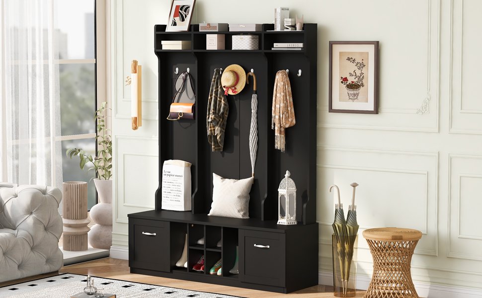 5 In 1 Entryway Bench With Coat Rack, 7 Sturdy Hooks, 2 Spacious Drawers And Adjustable Shelves, Wide Hall Tree With Metal Handles For Hallway - Black - Image 6