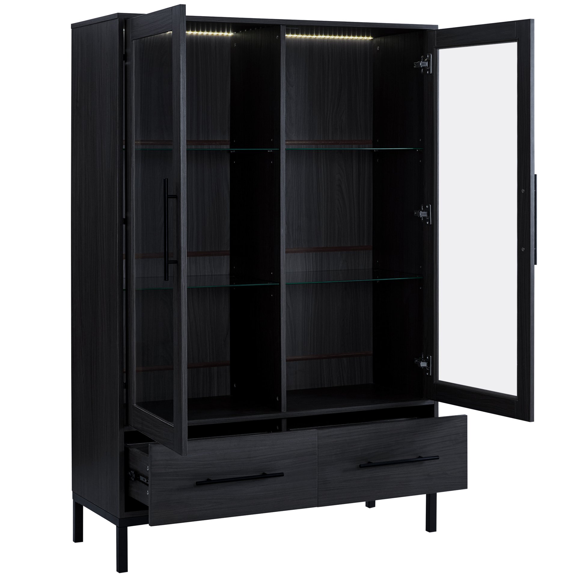 Modern Style Tall Display Cabinet With LED Lighting, Tempered Glass Door, 2 Drawers - Black - Image 8
