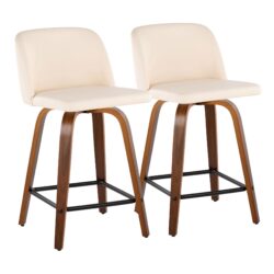 Toriano - Mid-Century Modern Fixed Height Counter Stool With Swivel With Square Footrest (Set of 2) - Walnut / Cream