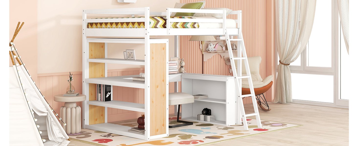 Full Size Loft Bed With Ladder, Shelves, And Desk - White - Image 13