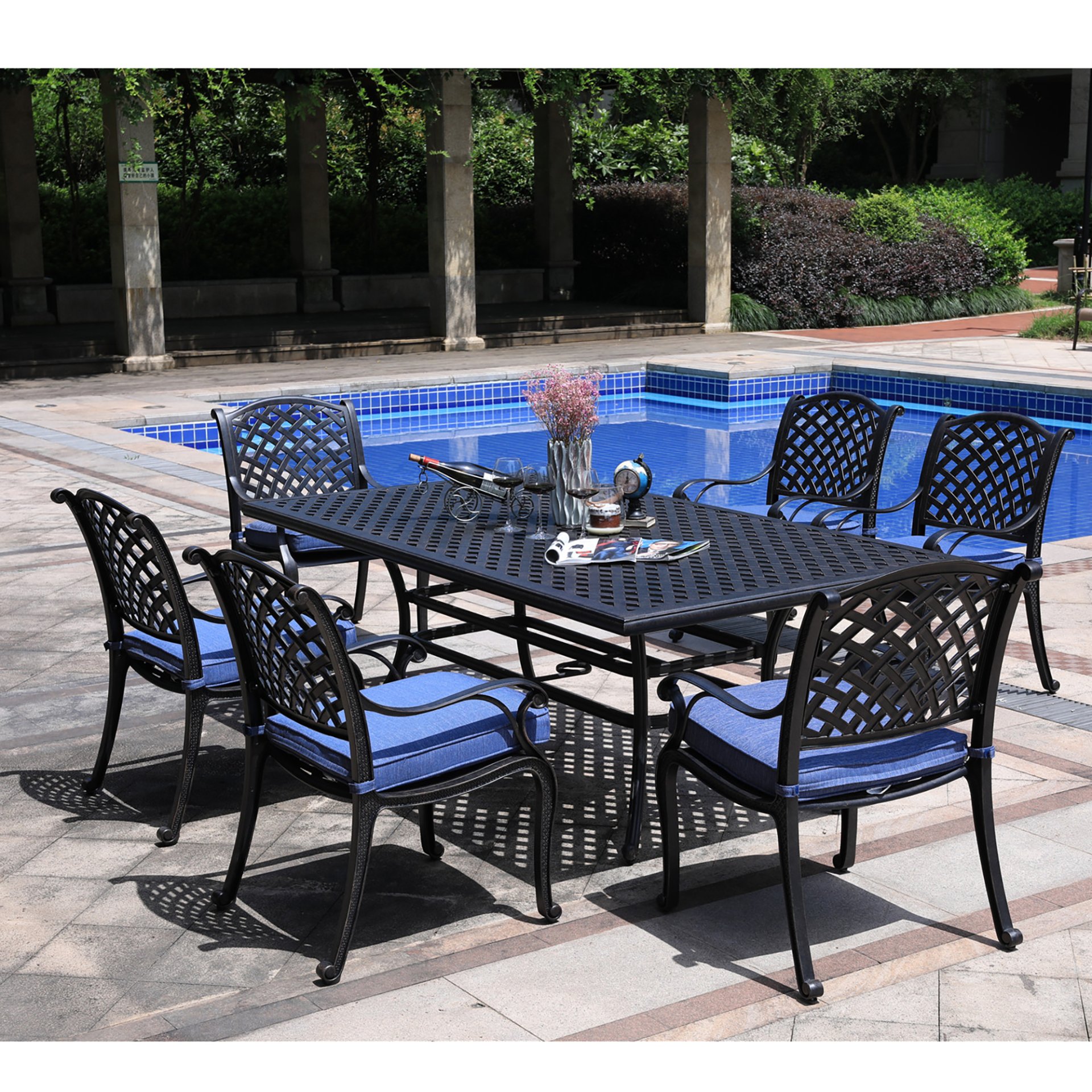 Rectangular 6 Person 86" Long Aluminum Dining Set With Navy Blue Cushions - Antique Navy Blue - Image 4