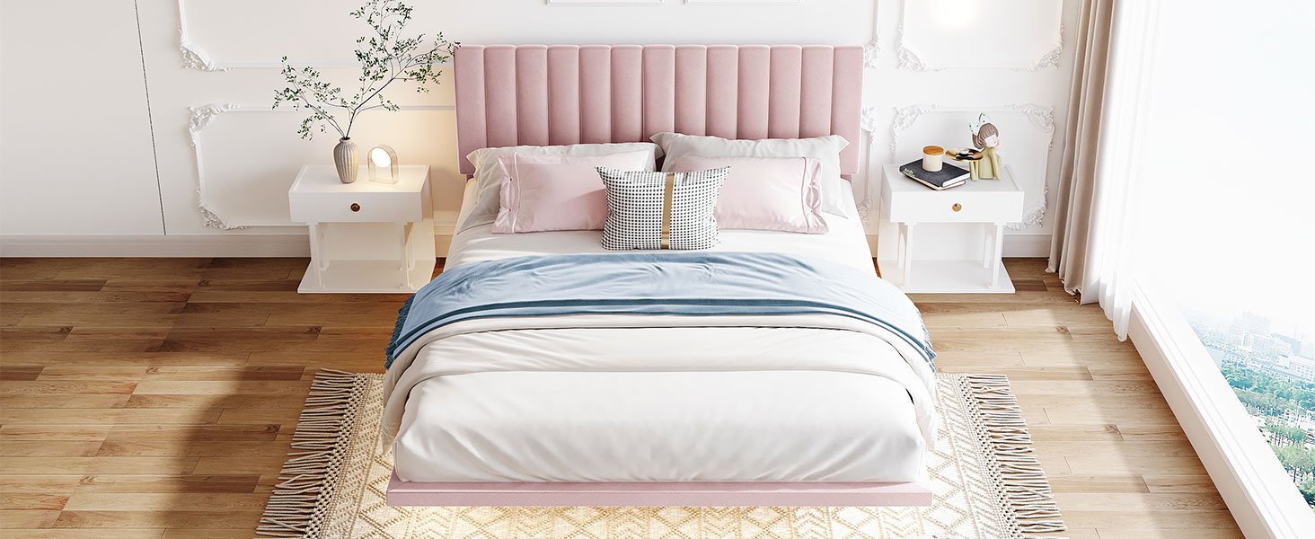 Queen Size Upholstered Bed With Sensor Light And Headboard, Floating Platform Bed - Pink - Image 14