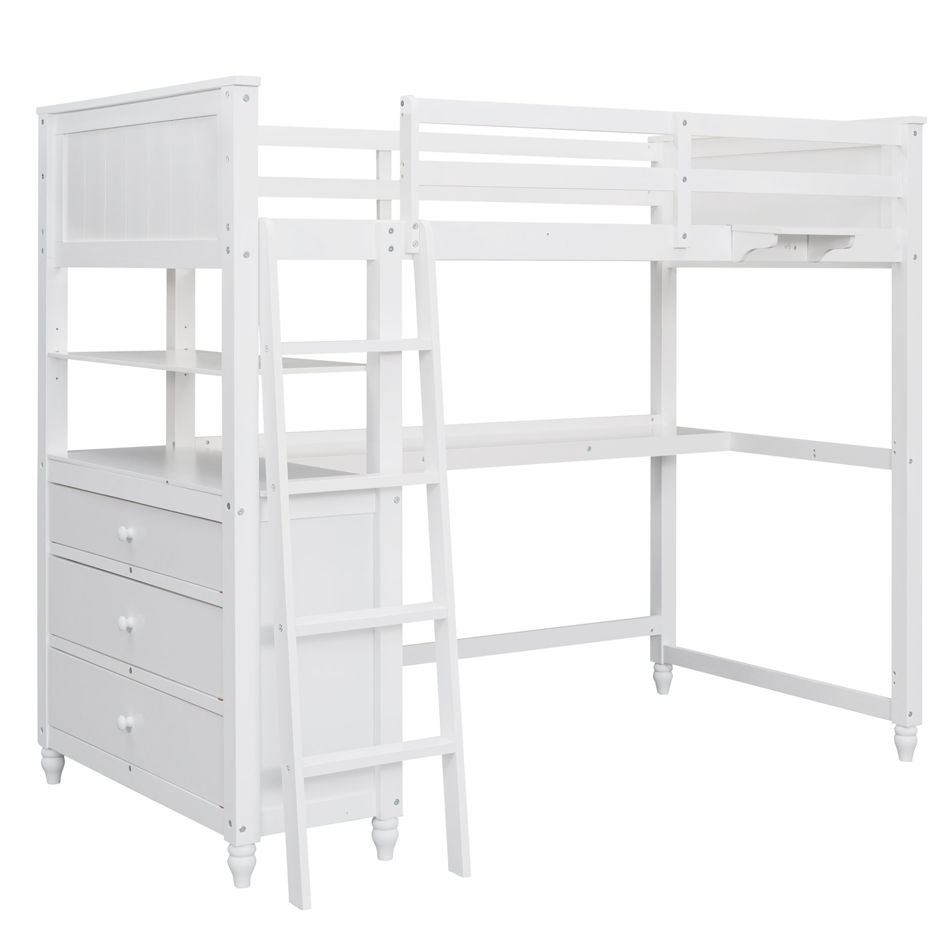 Twin Size Loft Bed With Drawers And Desk, With Shelves - White - Image 3