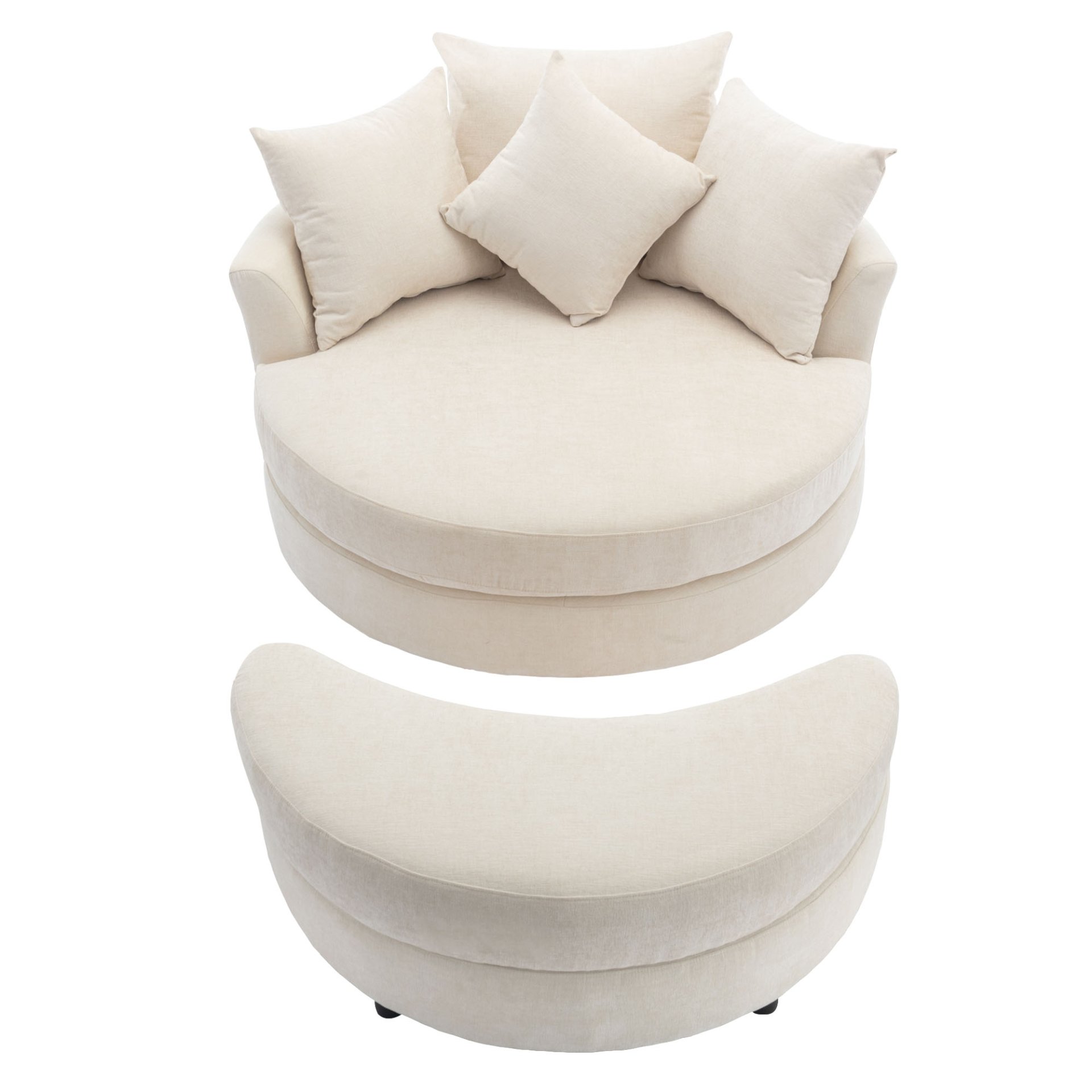 360° Swivel Accent Barrel Chair With Storage Ottoman & 4 Pillows, Modern Chenille Leisure Chair Round Accent For Living Room - Cream - Image 8