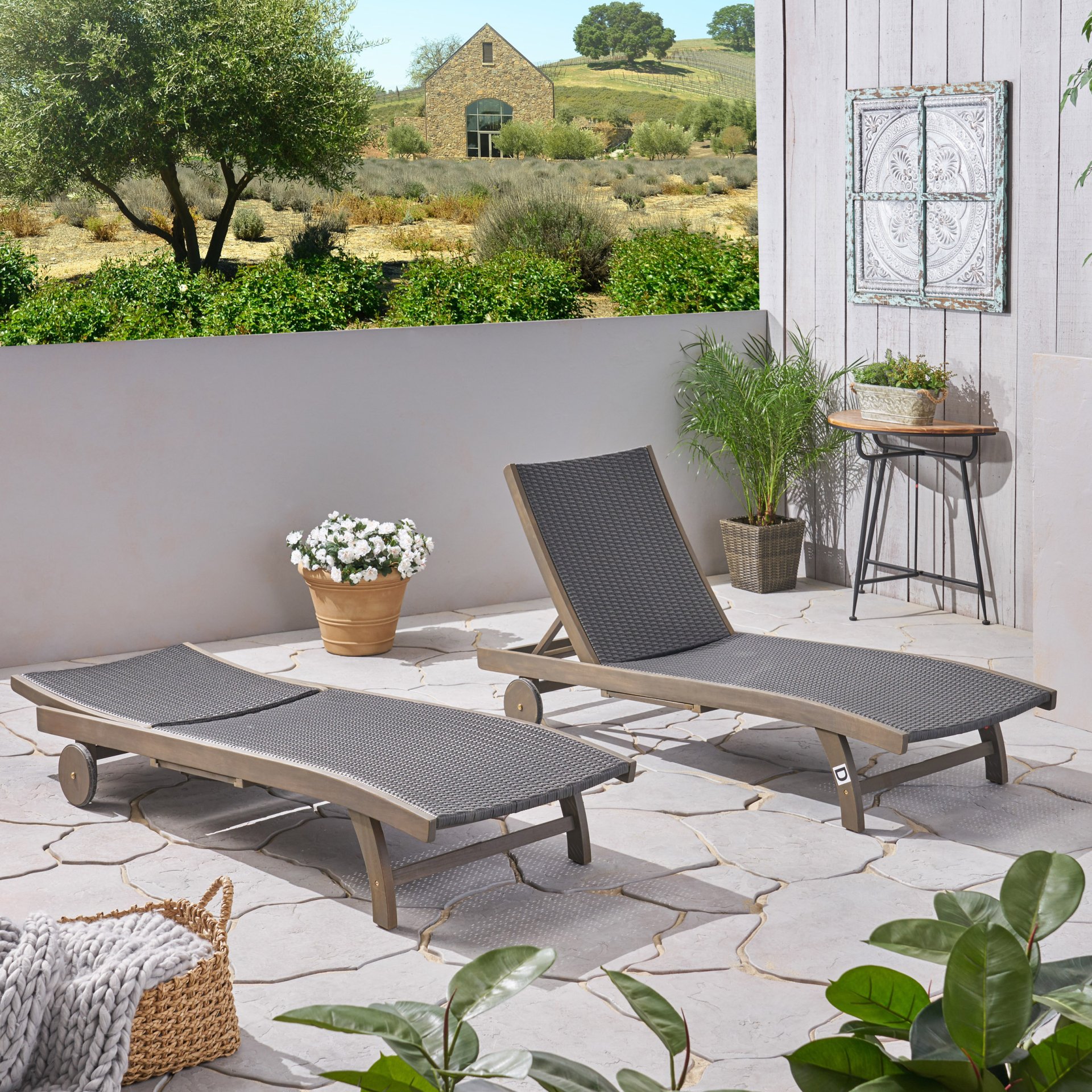 Outdoor Chaise Lounge With Pull Out Tray And Wicker Seat - Gray - Image 2