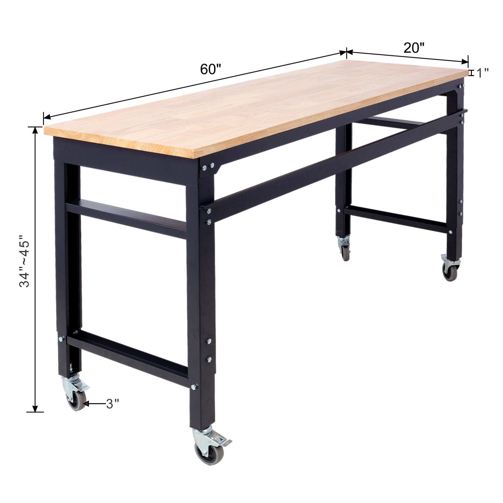 60" Wide Rolling Workbench For Garage, Adjustable Height, Workshop Tool Bench, Metal With Rubber Wood Top - Black / Light Brown - Image 13