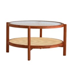 Modern Minimalist Circular Double Layer Solid Wood Coffee Table With Glass Top, Rattan Layer - Walnut