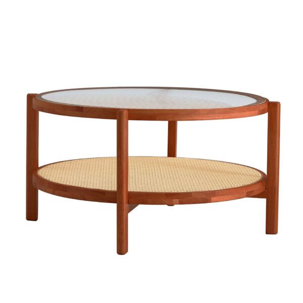 Modern Minimalist Circular Double Layer Solid Wood Coffee Table With Glass Top, Rattan Layer - Walnut