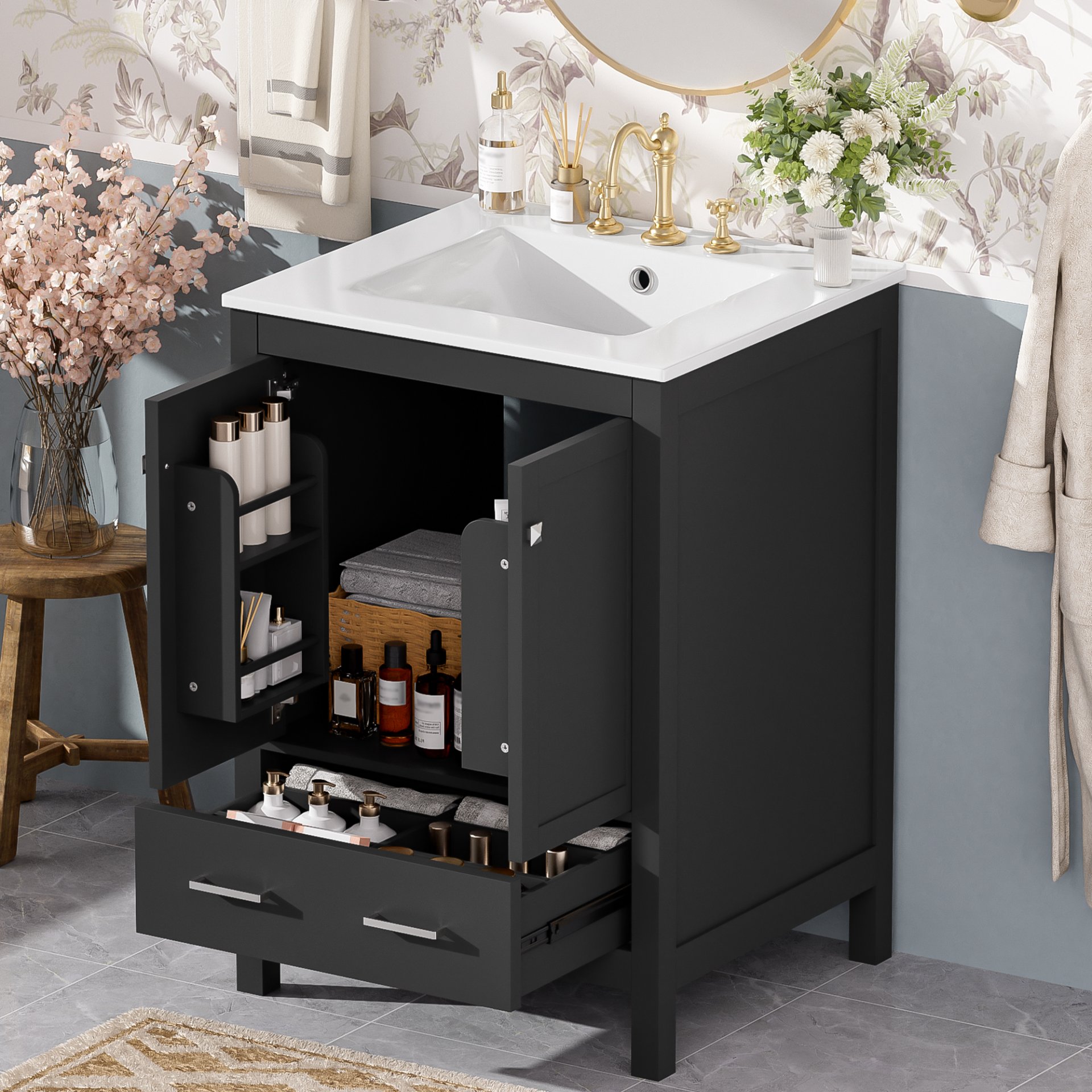 24" Bathroom Vanity With Integrated Undermount Sink, 2 Doors And 1 Drawer, Soft Close Hinges - Black - Image 3