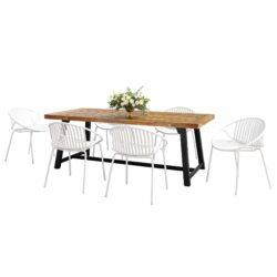 Modern Outdoor 7 Piece Dining Set With Stackable Chairs - Teak / Black / White