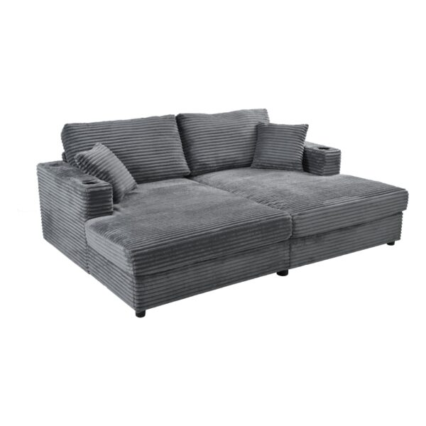 Oversized Loveseat Chaise Lounge Sectional Sofa Bed Corduroy Sleeper Sofa With 2 USB Ports, 2 Cup Holders And 2 Throw Pillows For Living Room And Bedroom - Dark Gray
