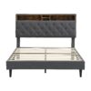 Modern Queen Size Upholstered Platform Bed Frame With Button Tufted Linen Headboard And USB Ports - Dark Gray - Image 6